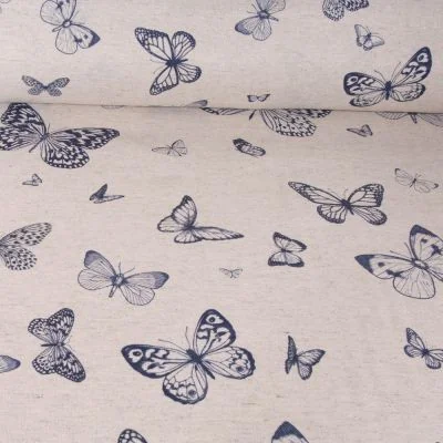 Tissu Toile de Coton Lin Papillon marine sur fond Naturel - Par 10 cm