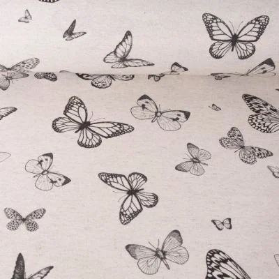 Tissu Toile de Coton Lin Papillon noir sur fond Naturel - Par 10 cm