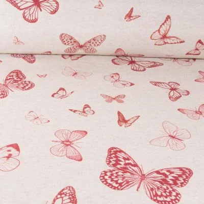Tissu Toile de Coton Lin Papillon rouge sur fond Naturel - Par 10 cm