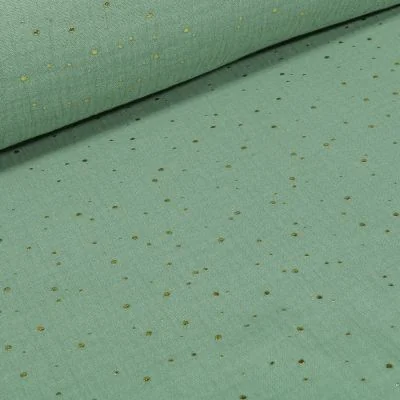 Tissu Double gaze Lina Pois dorés sur fond Vert d&#039;eau foncé - Par 10 cm