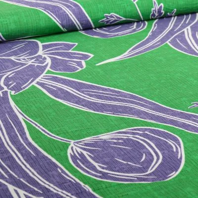 Tissu Viscose Hawa violet sur fond Vert - Par 10 cm