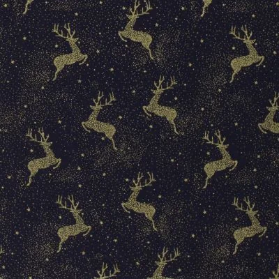 Tissu Coton imprimé Noël Rênes dorées sur fond Bleu marine - Par 10 cm