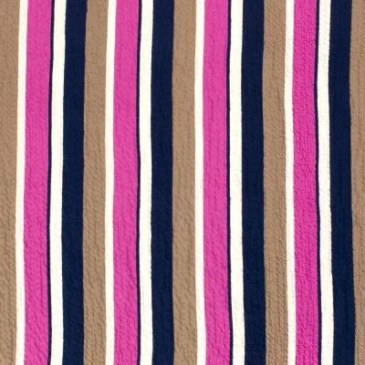 Tissu Viscose gaufré Rayé fuschia et taupe sur fond Blanc - Par 10 cm
