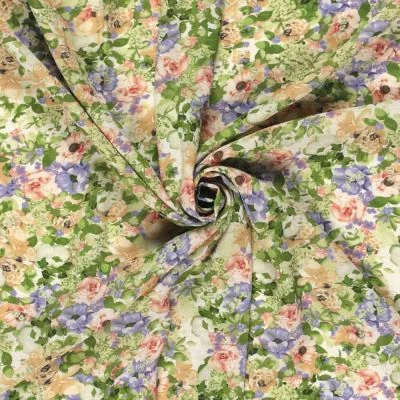 Tissu Polyester aspect Lin Fleuris Cécilya sur fond Vert pâle - Par 10 cm