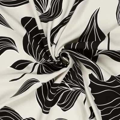 Tissu Viscose satiné Motif floral noir sur fond Ecru - Par 10 cm