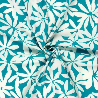 Tissu Coton stretch imprimé Fleurs blanches sur fond Bleu canard - Par 10 cm