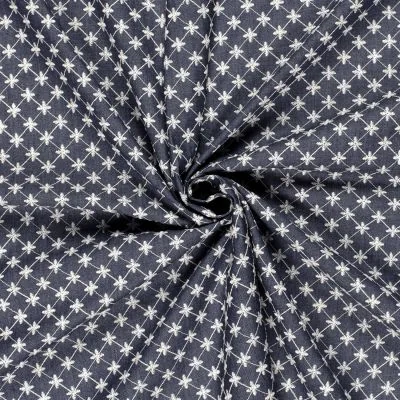 Tissu Chambray Coton Fleurs brodées sur fond Bleu marine - Par 10 cm