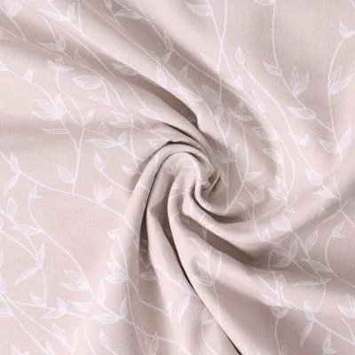 Tissu Popeline de Coton  feuilles Alexia sur fond Beige sable - Par 10 cm