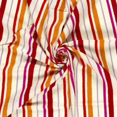 Tissu Crêpe de Viscose Lucien rayures Orange et Rouge sur fond Ecru - Par 10 cm