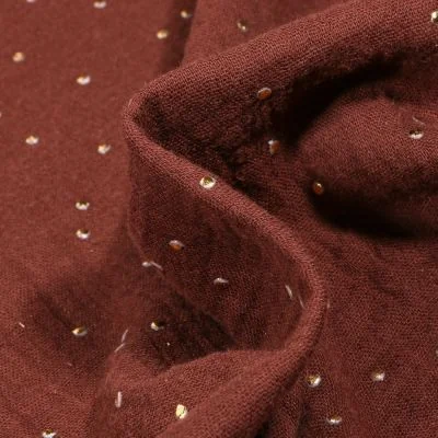 Tissu Double gaze Baya Pois dorés sur fond Marron chocolat - Par 10 cm