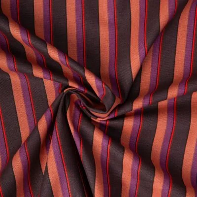 Tissu Toile de Coton Demi natté Kudi rayé sur fond Marron chocolat - Par 10 cm