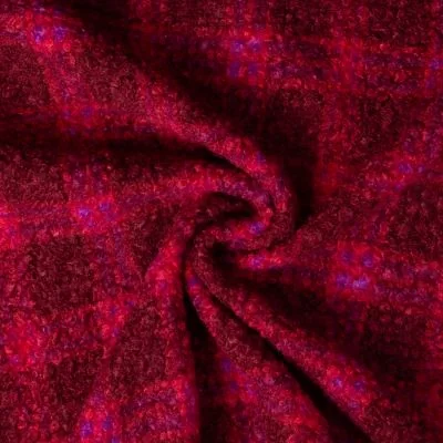 Tissu Bouclette Curly imprimé carreaux Violet sur fond Bordeaux - Par 10 cm