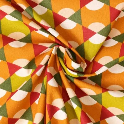 Tissu Popeline de Coton  Elina motif retro Vert sur fond Orange - Par 10 cm