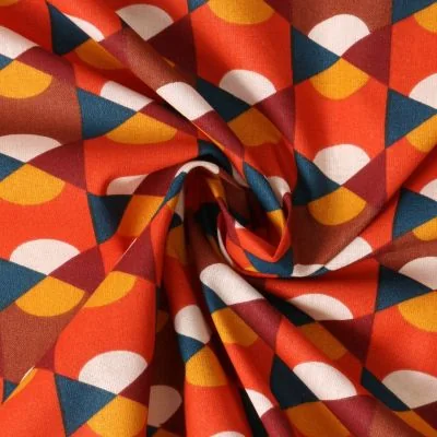 Tissu Popeline de Coton  Elina motif retro Bleu sur fond Rouge - Par 10 cm