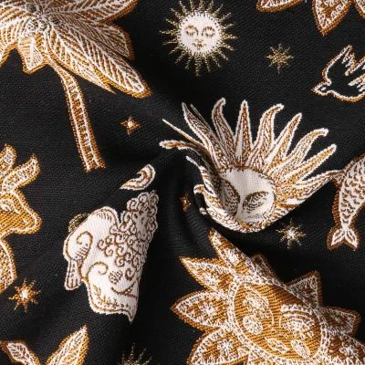 Tissu Jacquard Pygmalion motif mystique Doré sur fond Noir - Par 10 cm