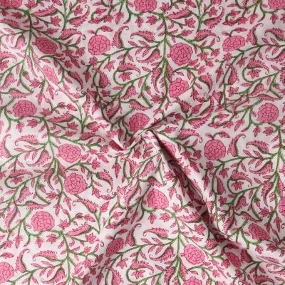 Tissu Voile de Coton Taj Mahal fleurs Roses sur fond Blanc - Par 10 cm