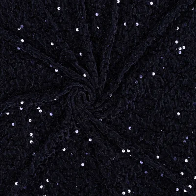 Tissu Velours Soraya à sequins uni  Bleu marine - Par 10 cm
