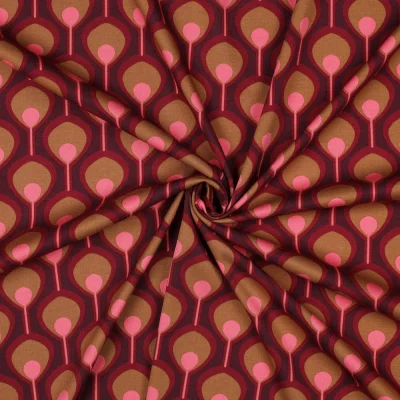 Tissu Viscose extensible Cléa œil de paon Doré sur fond Bordeaux - Par 10 cm
