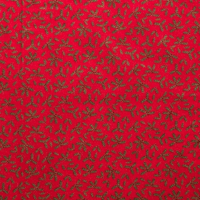 Tissu coton imprimé feuilles de houx dorés sur fond Rouge - Par 10 cm