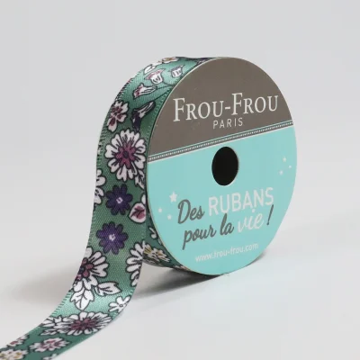 Bobinette Ruban Satin Fleuri Frou-Frou Eucalyptus - 16 mm x 5 mètres