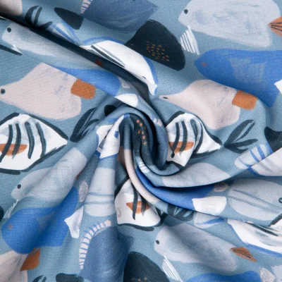 Tissu Toile Canvas Poissons sur fond Bleu ardoise - Par 10 cm
