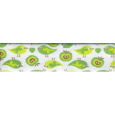 Biais replié 20 mm Vert Pommes et oiseaux x1m