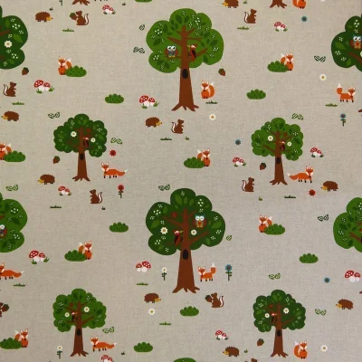 Tissu Toile Coton Beige Forêt et animaux x10cm