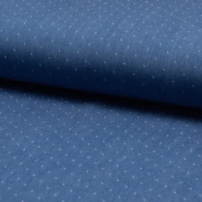 Tissu Chambray Tencel Bleu jean clair Pois Blancs - Par 10 cm