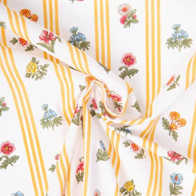 Tissu Coton imprimé Arty Fleurs et rayures Jaune sur fond Blanc - Par 10 cm
