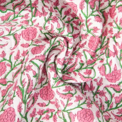 Tissu Coton Matelassé réversible Block print Indien Gange fleuris sur fond Blanc cassé - Par 10 cm