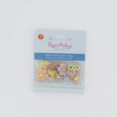 Boutons créatifs Récréatys Assortiment de 7 boutons Hiboux et fleurs
