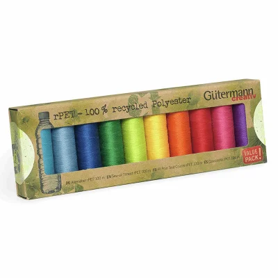 Set de 10 bobines de fil Gütermann Recyclé 100m - Couleurs arc-en-ciel