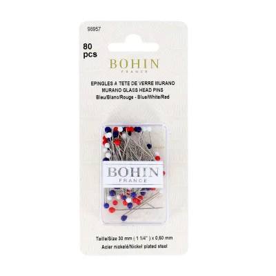 Epingles extra-fines tête de verre Murano Bleu Blanc Rouge Bohin x80
