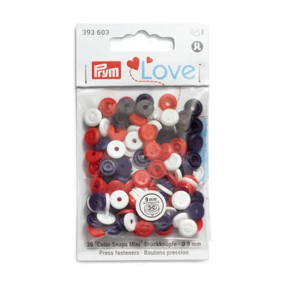 Boutons pression Prym Colors Snaps Mini Love 9mm Optique couture Rouge et bleu - Sachet 36