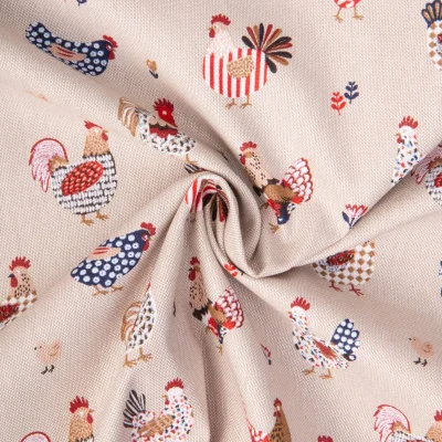 Tissu Toile Polycoton poupoules tricolores sur fond Naturel - Par 10 cm