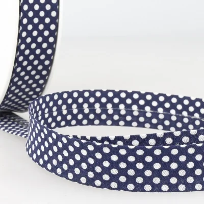 Biais imprimé coton 20 mm Bleu Marine Mini Pois Blanc x1m