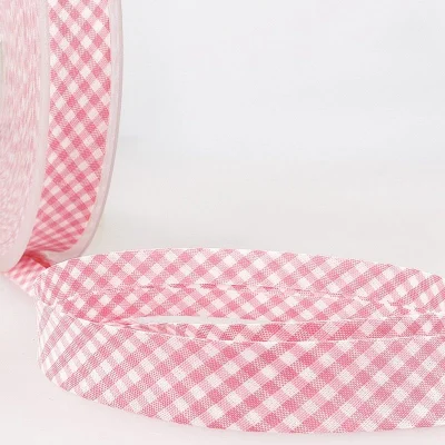 Biais tissé 20 mm Rose clair Petits carreaux x1m