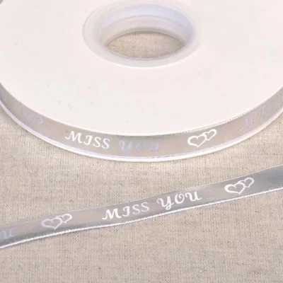 Ruban imprimé Miss You 10 mm Argent x1m