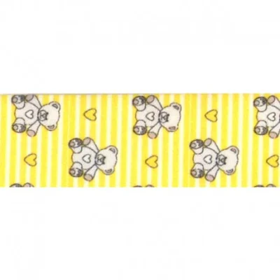 Biais replié 25 mm Oursons et coeurs sur fond rayé Jaune x1m
