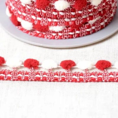 Galon Pompons Bicolore Rouge et écru x1m