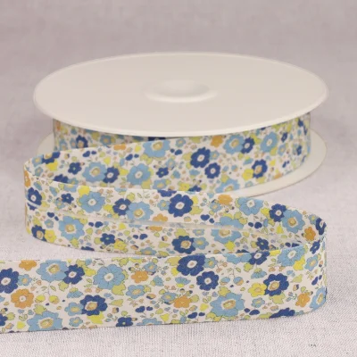Biais replié 25mm Petites fleurs Bleu x1m