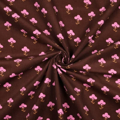 Tissu Velours milleraies imprimé Fleurs Rose sur fond Marron - Par 10 cm