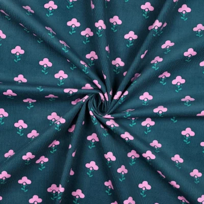 Tissu Velours milleraies imprimé Fleurs Rose sur fond Bleu canard - Par 10 cm