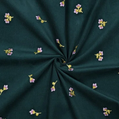Tissu Velours milleraies Petites fleurs brodées sur fond Vert canard - Par 10 cm