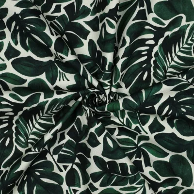 Tissu Toile de Coton canvas digital Iris feuillage Vert sur fond Blanc - Par 10 cm