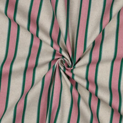 Tissu Toile Polycoton canvas aspect lin Lior rayures Rose et Vert sur fond Naturel - Par 10 cm