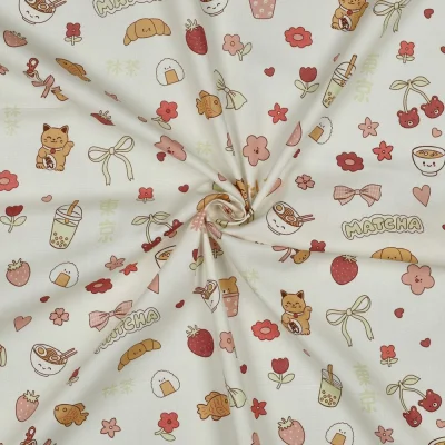 Tissu Popeline de Coton Matcha kawaii sur fond Blanc cassé - Par 10 cm