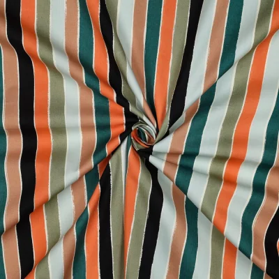 Tissu Popeline de Coton bandes colorées sur fond Multicolore - Par 10 cm
