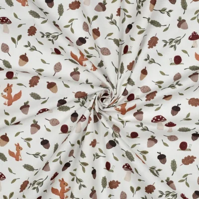 Tissu Popeline de Coton digital imprimé Léon écureuil automnale sur fond Blanc cassé - Par 10 cm