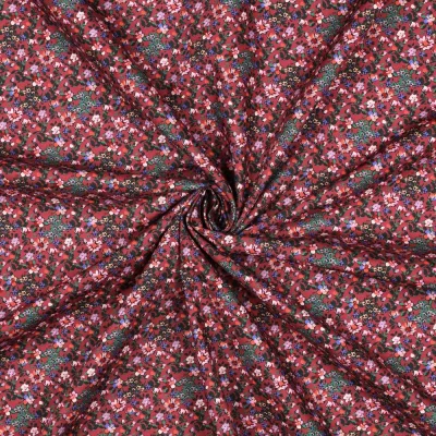 Tissu Popeline de Coton digital Jeanne petites fleurs sur fond Bordeaux - Par 10 cm